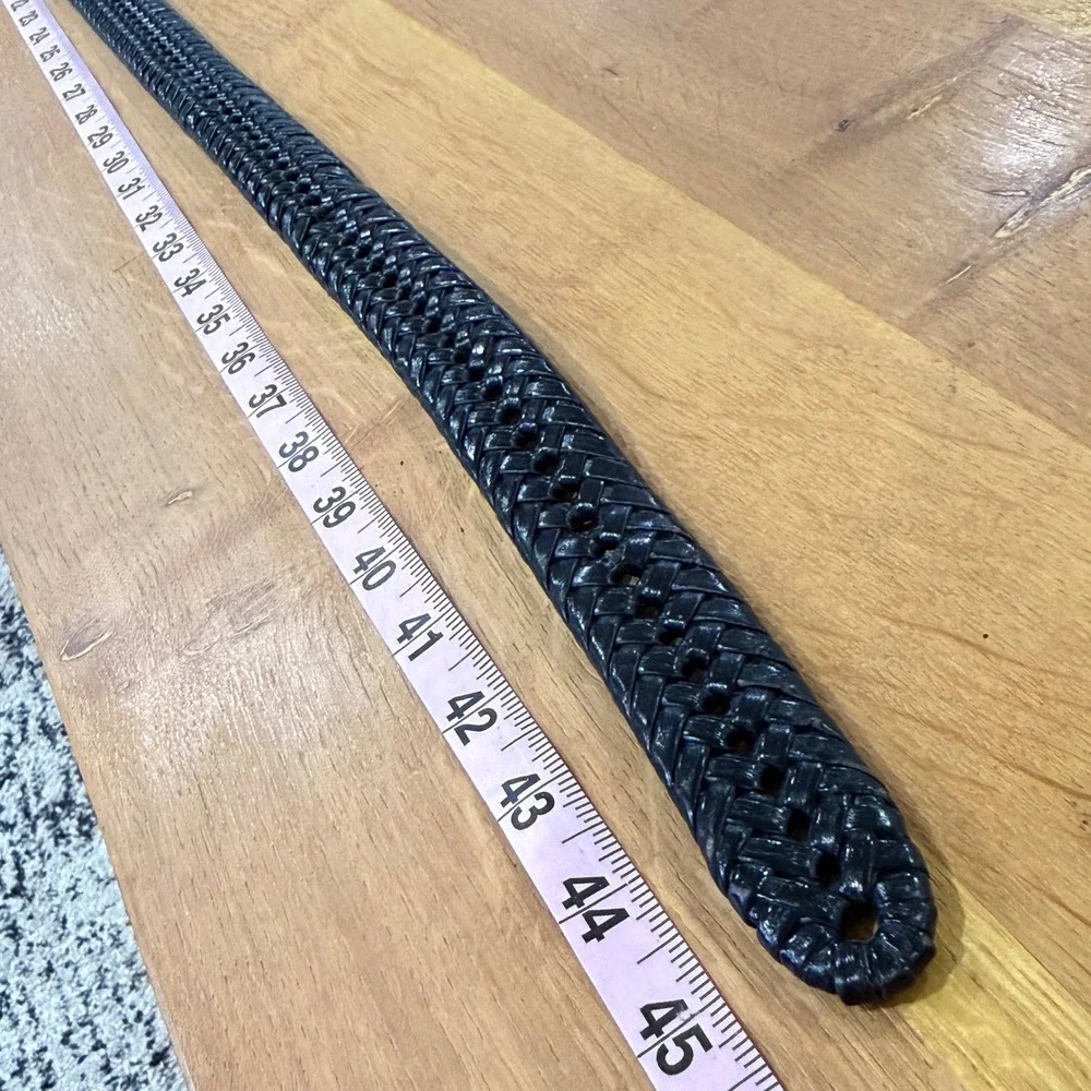 Black Leather braided Belt Mens 38 Woven Silver Buckle minimalist classic preppy